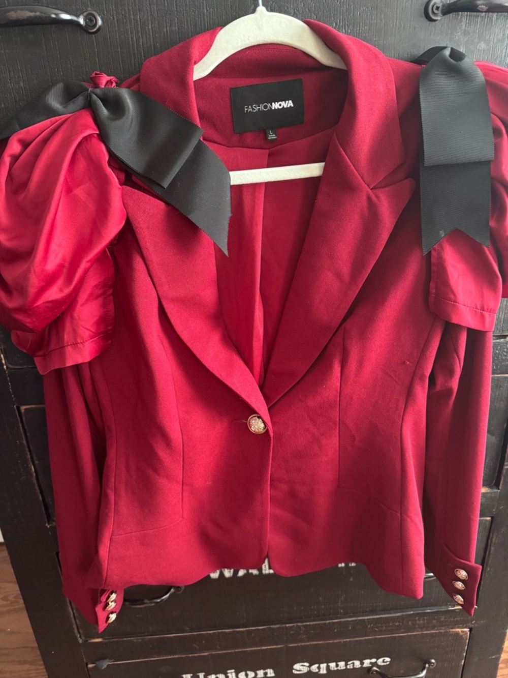 Fashion Nova Burgundy Blazer with Black Bow Shoulders